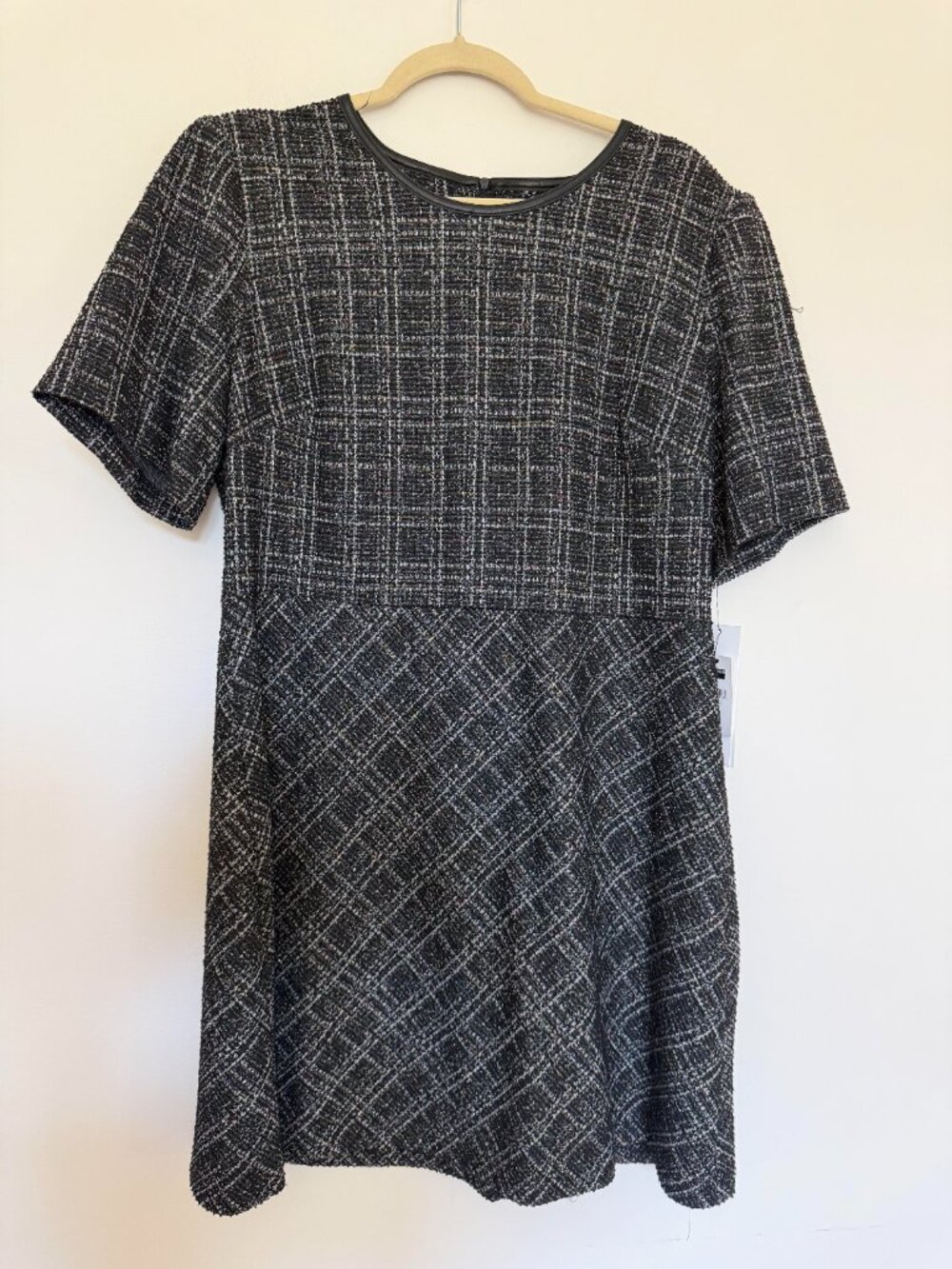 Calvin Klein Short Sleeve Tweed Plaid Mini Dress Dark Academia Career Black - 16